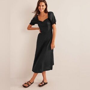 Boden Sweetheart Linen Midi Black Dress Puff Sleeve NEW with Tags Size 12